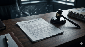 Un mazo de juez descansa junto a un contrato de venta de tiempo compartido en un escritorio de madera, con un gráfico digital superpuesto de transferencias de dinero globales y archivos de investigación.