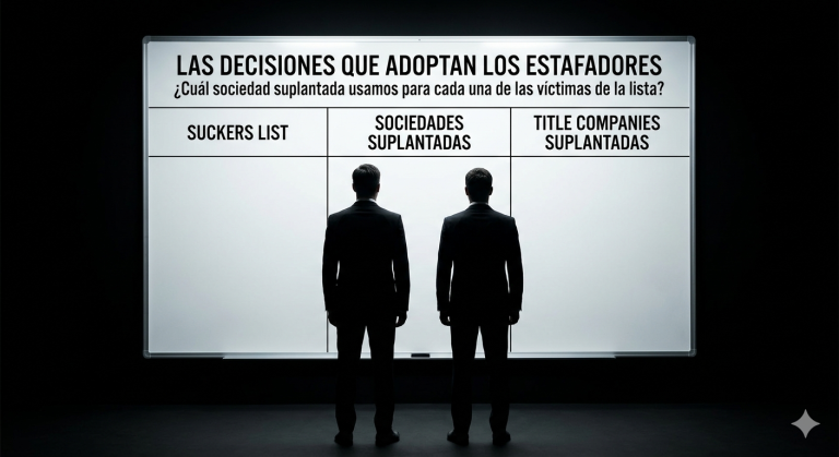 Dos figuras masculinas de espaldas frente a un pizarrón iluminado dividido en tres columnas tituladas Suckers List, Sociedades Suplantadas y Title Companies Suplantadas, en una oficina oscura.