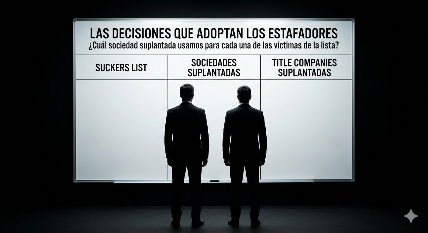 Dos figuras masculinas de espaldas frente a un pizarrón iluminado dividido en tres columnas tituladas Suckers List, Sociedades Suplantadas y Title Companies Suplantadas, en una oficina oscura.