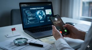 Análisis de investigación forense digital en laptop detrás de un smartphone recibiendo una llamada de estafa de tiempo compartido, mostrando documentos legales y una lupa en un escritorio.